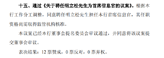 北京银行：同意聘任明立松为首席信(🏓)息官